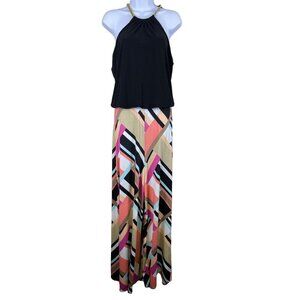 Dressbarn Sleeveless Wide Leg Jumpsuit Black Colorful Gold Collar Women's Size L